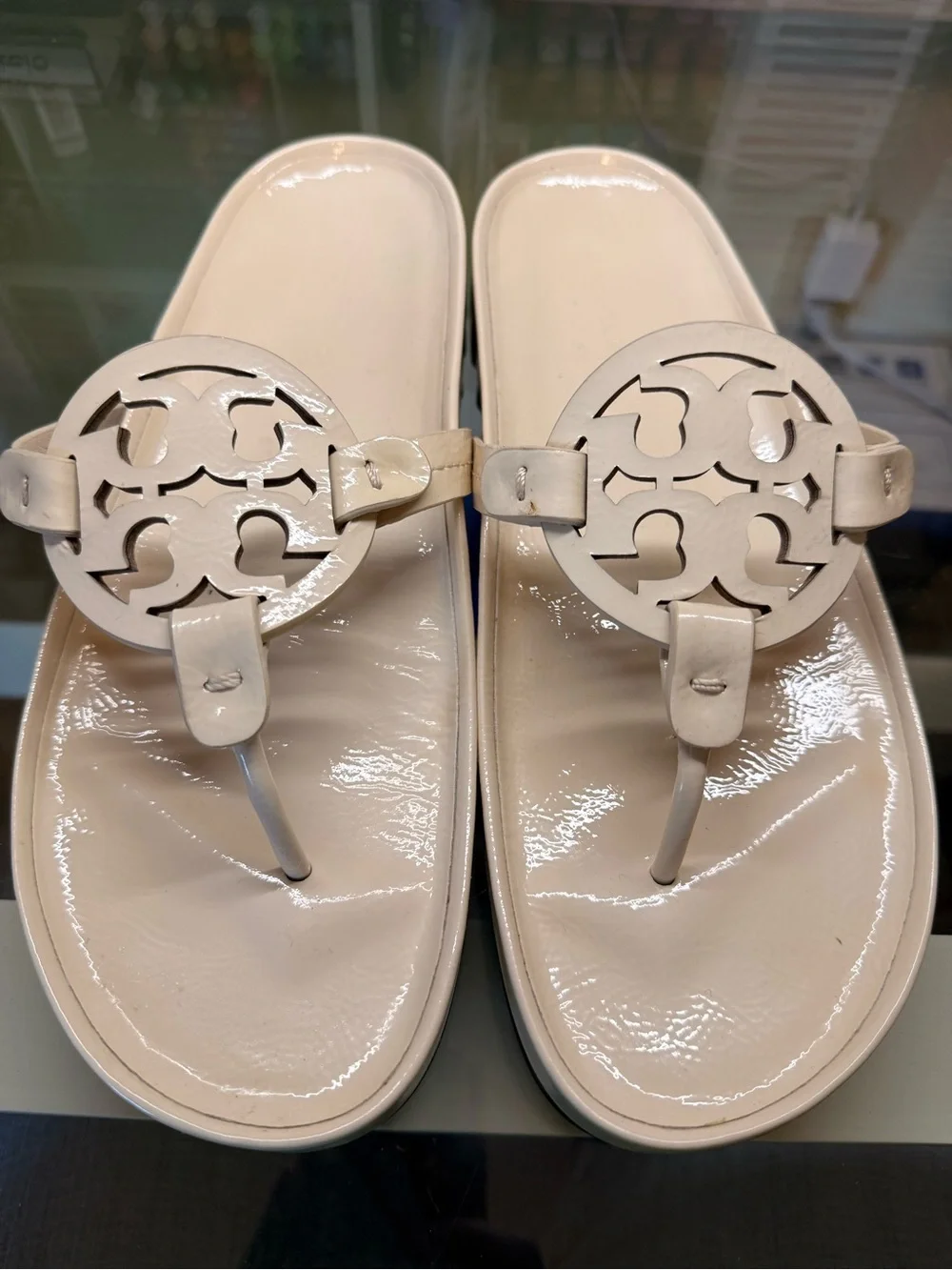 Women’s Beige Tory Burch Miller Patent Thong Sandals with 2” Platform Sole